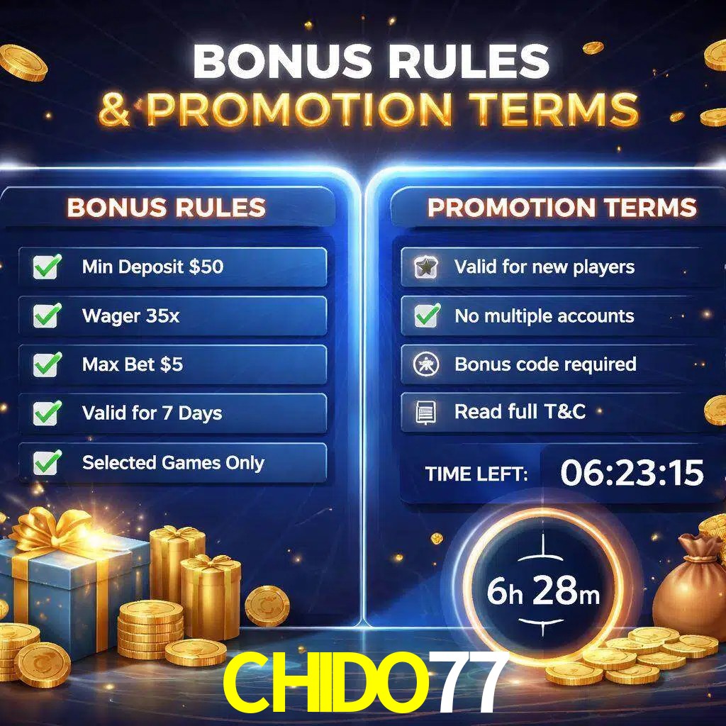 Reglas de promoción CHIDO77 y condiciones de bonos explicadas visualmente