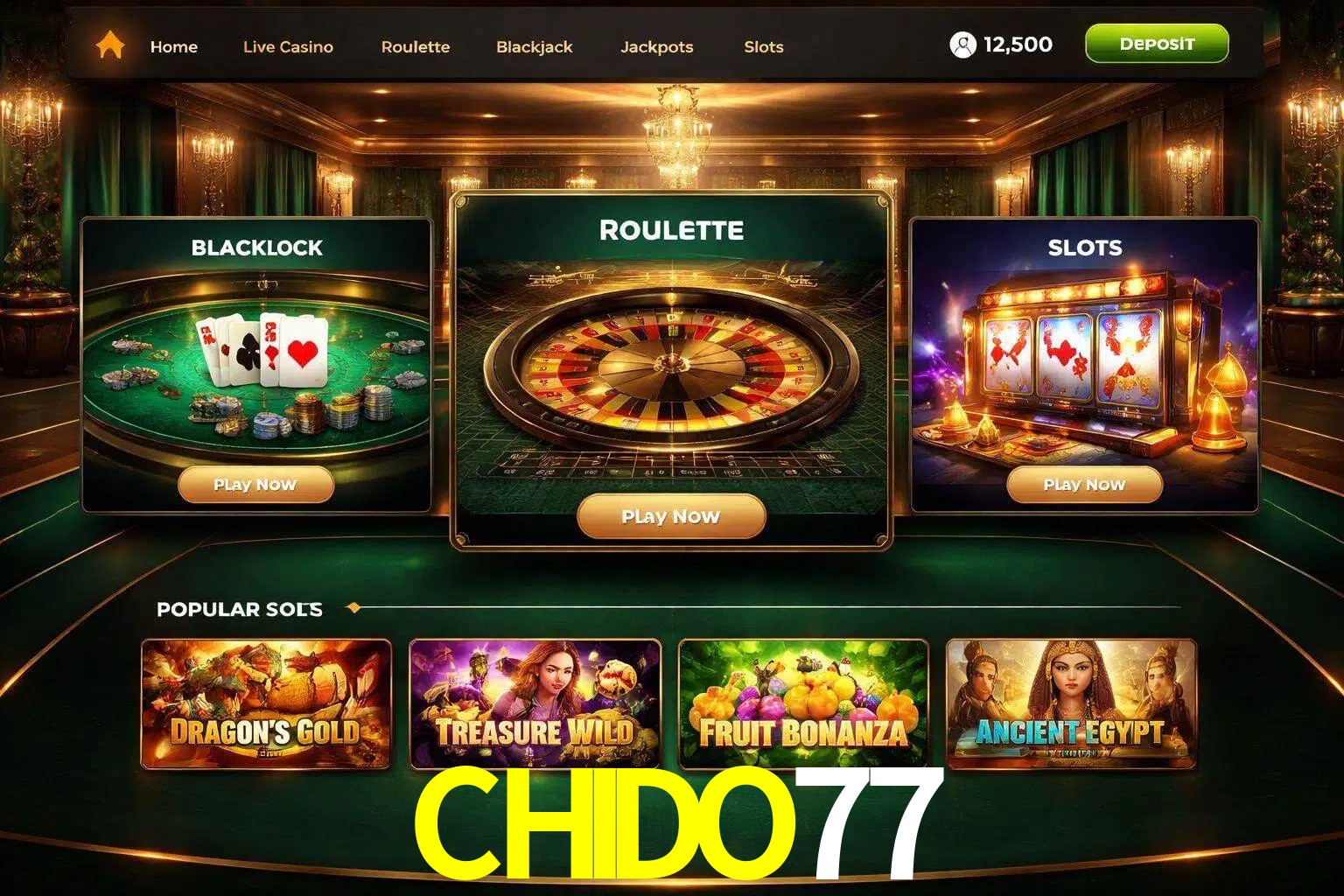 Vista de la plataforma CHIDO77 Casino mostrando categorías organizadas de juegos en línea